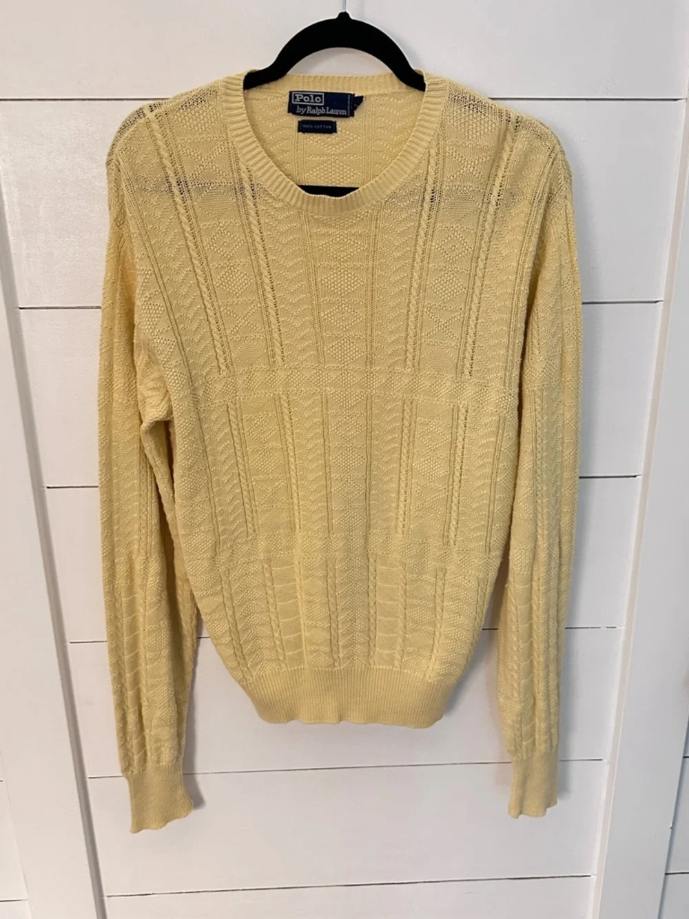 VTG M Polo Ralph Lauren Yellow Cable Knit Sweater 100% Cotton Crewneck Classic - Picture 1 of 12